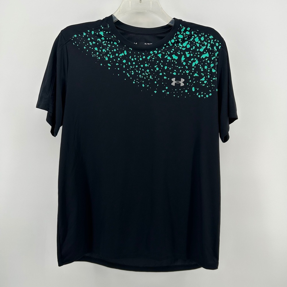Under Armour HeatGear Speed Stride Fitted Shirt Mens XL Black Teal Splatter Gym